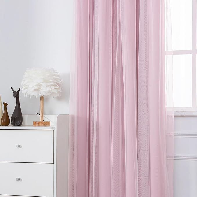 INLINAS Pale Pink Blackout Curtains with Sheer Overlay - Grommet Top Thermal and Noise Reduction Panels for Bedroom and Living Room Light Blocking and Energy Saving, 52 x 108 Inches, Set of 2