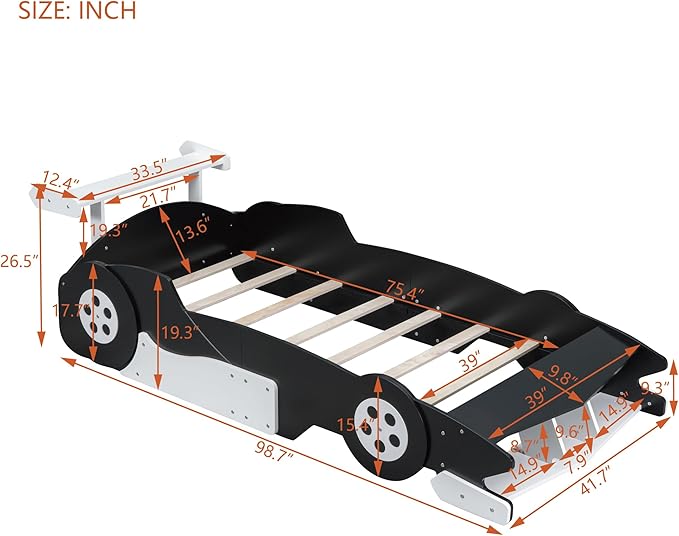 Flieks Twin Size Race Car-Shaped Platform Bed Frame for Boys Girls Kids Adults Toddler with Wheels,Black