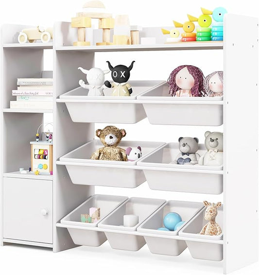 Costzon Kids Toy Storage Organizer, 4-Tier Bookshelf Storage Cabinet w/8 Removable Bins, Preschool Children's Montessori Bookshelf w/Large Cabinet for Playroom, Daycare, Kids Room, Classroom