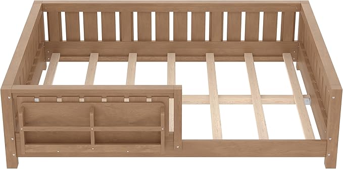 Bellemave Full Size Floor Bed with high Rails and with Built-in Bookshelf for Kids, Girls, Boys, Wood Montessori Floor Bed Without Door, Natural