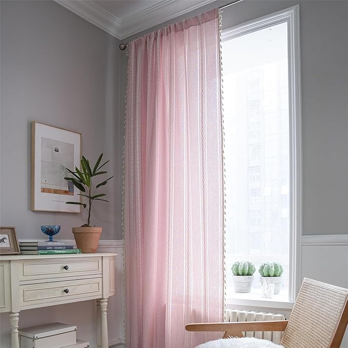 Deeprove Pink Boho Linen Curtains 72 inches Length for Blush Baby Girl Bedroom Living Room Dining Nursery, Hollow Semi Sheer Curtains Darkening Embroidery Drape Window Treatment, 1 Panel W52 x L72