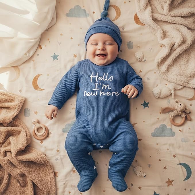 Hello I'm New Here Newborn Outfit Boy Letter Embroidery Waffle Knit Long Sleeve Footed Jumpsuit Coming Home Outfit Hat