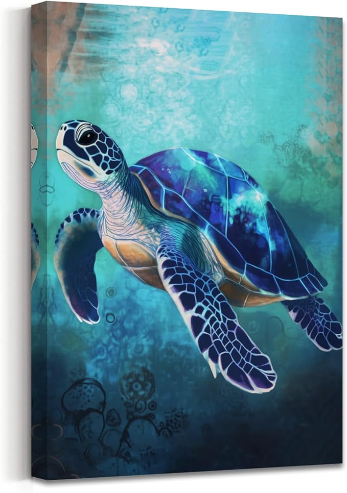 AWPANERAR Sea Turtle Wall Art Bathroom Pictures Watercolor Sea Life Canvas Prints Ocean Animal Poster Nautical Theme Artwork for Kids Room Nursery Decor Framed (Blue, (30L x 20W))
