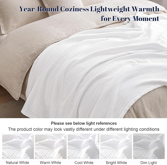 PHF 100% Cotton Muslin Throw XL Blanket Large 50" x 70", 4-Layer Lightweight Gauze Throw, Breathable Cloud-Soft Minimalist Blanket for Bed, Couch, Camping & Baby, White, Ideal Gift
