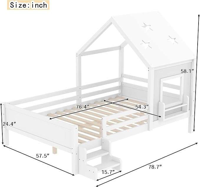 Bellemave Full House Bed with Rails or guardrails and Bookcase, Wooden Full House Shape Platform Bed for Boys, Girls, Teens, White