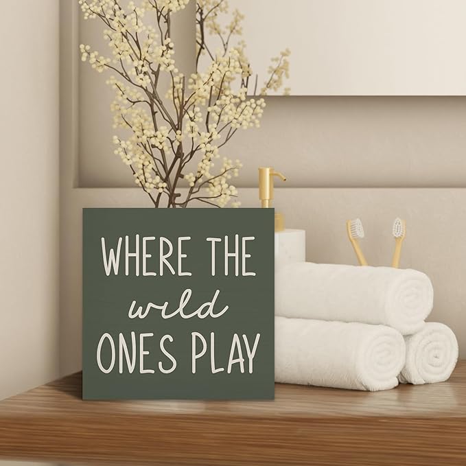 Where The Wild Ones Play Green Wood Box Sign Desk Decor 8x8, Nursery Kids Room Wooden Block Sign Decorations for Playroom Toddler Boys Girls Room Wall Tabletop Shelf Decor