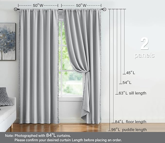 Treatmentex Grey Pom Pom Curtains for Bedroom 63 inch Thermal Insulated Half Blackout Curtain Panels for Living Room Window Drapes Nursery Kids Guest Room 52" w x2 Panels Rod Pocket