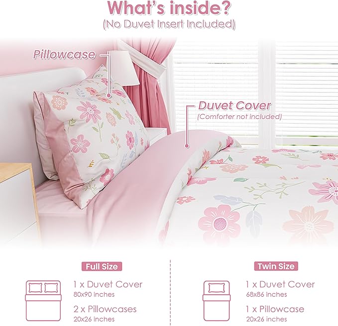 SANDJEST Floral Duvet Cover Sets Full Size for Kids Girls, Incude 1 Polyester Comforter Cover 80x90 Inches and 2 Pillowcases 20x26 Inches, Comforter Not Included, Gift for Christmas Birthday