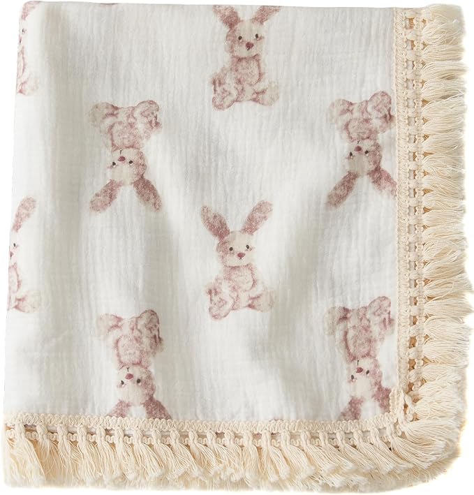 Little Jump Cotton Muslin Swaddle Blankets with Tassel, Boho Bohimia Muslin Baby Blanket Neutral with Fringe, Vintage Teddy Bear Nursery Decor Muslin Throw Blanket 47" x40" (Bunny)