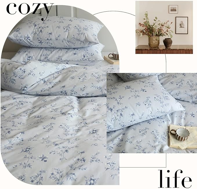 HighBuy Vintage Blue Floral Duvet Cover Queen Premium Cotton Flower Bedding Comforter Cover Boho Floral Girls Bedding Set Queen Garden Style Cottagecore Duvet Cover with Zipper Closure Corner Ties