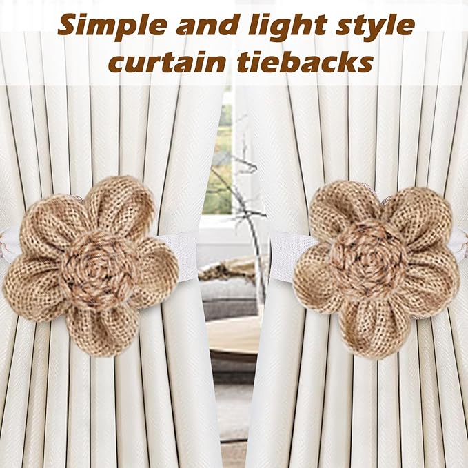 SRG 4pcs Handmade Rope Curtain Tiebacks | Boho Flower Curtain Holdbacks | Simple Elegant Sunflower Curtain Holders | Boho Bedroom Decor（Cream&Khaki）
