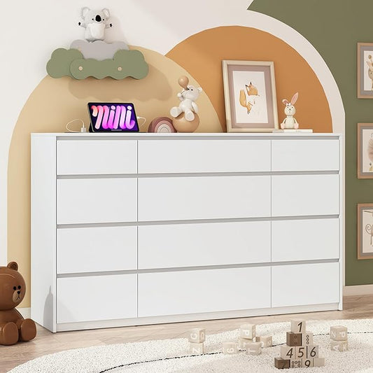 White Malm Dresser for Bedroom, 63" Wide 37" Tall Dresser with 12 Drawers & Charging Station, Modern Large Wood Chest of Drawers Handle Free for Bedroom, Living Room, Entryway, Hallway, White