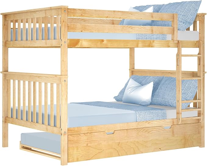 Max & Lily Bunk Bed, Full-Over-Full Wood Bed Frame For Kids With Trundle, Natural