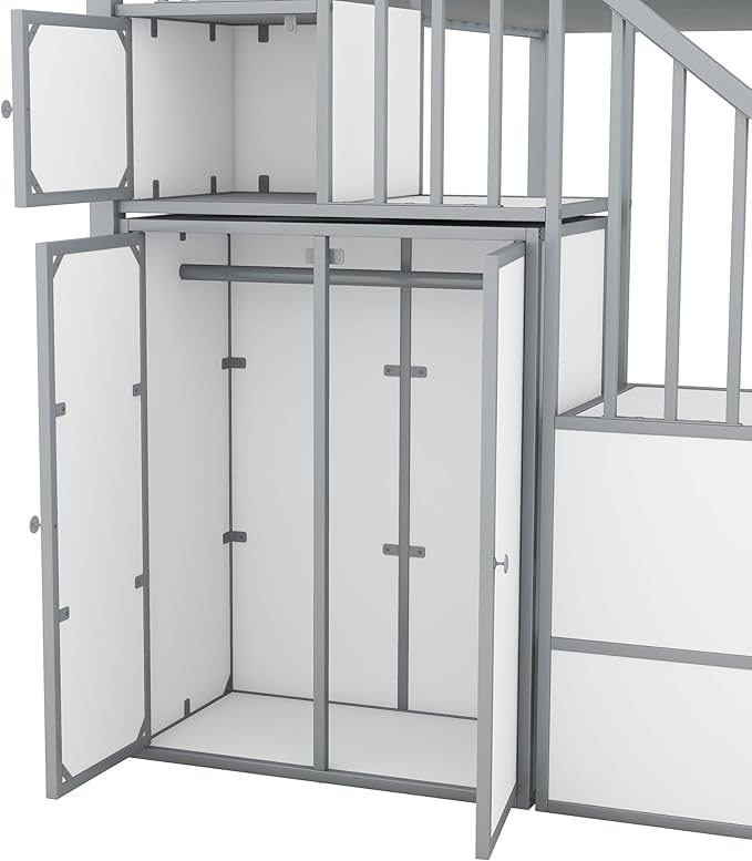 Twin Over Twin Castle-Shaped Bunk Bed with Wardrobe and Multiple Storage, Metal Bunk Bed with Storage Staircase and Safety Guardrail for Kids Teens Boys Girls Bedroom (White+Gray)