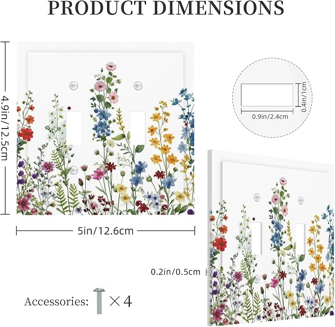 Decorative Light Switch Cover Plate Colorful Wildflowers Plants Flowers on White Background 2 Gang Switch Plate Covers Double Toggle Wall Plates Electrical Faceplate for Bathroom Home Decor