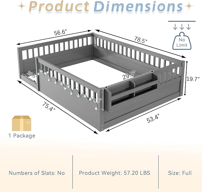 Full Toddler Floor Bed with High Rails, Wooden Montessori Bed Frame with Light and Storage Shelf, Full Size Bed Frame for Kids, Boys and Girls, Grey