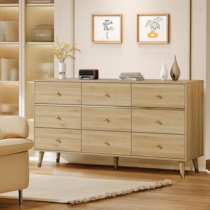 9 Drawer Dresser,63" Wide Mid Century Modern Chest of Drawers,Wooden Bedroom Drawer Dresser with 9 Storage Drawers for Bedroom, Living Room,with Anti-Tipping Device,Natural