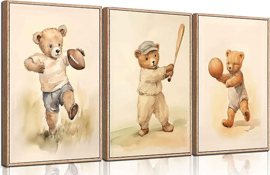 3Pcs Teddy Bear Sports Nursery Animal Canvas Wall Art Cute Woodland Baby Bear Rugby Wall Decor Pictures Football Basketball Baseball Kids Room Posters Prints for Children Bedroom Decoration No Frames