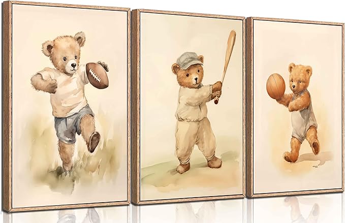 3Pcs Teddy Bear Sports Nursery Animal Canvas Wall Art Cute Woodland Baby Bear Rugby Wall Decor Pictures Football Basketball Baseball Kids Room Posters Prints for Children Bedroom Decoration No Frames