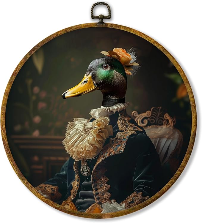Hiuwevt Vintage Duck Round Wall Art Decor, Vintage Green Head Duck Framed Canvas Prints, Retro Renaissance Farm Animal Round Wall Hanging Decor for Home Office Decorations, 10x10 Inches