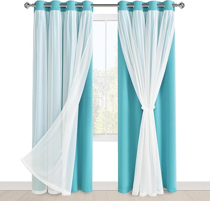 Hiasan Blackout Curtains with Sheer Overlay, Thermal Insulated Privacy Double Layer Mix & Match Grommet Window Curtains for Bedroom, Living Room, 2 Drape Panels with Tiebacks, Turquoise, 52W X 84L