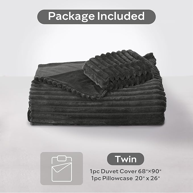 JELLYMONI Plush Duvet Cover Set - Twin Size Dark Gray Striped Fluffy Comforter Cover 2pcs Bedding Set Luxury Ultra Soft Faux Fur Duvet Cover with Zipper and 1 Pillowcase (NO Comforter)