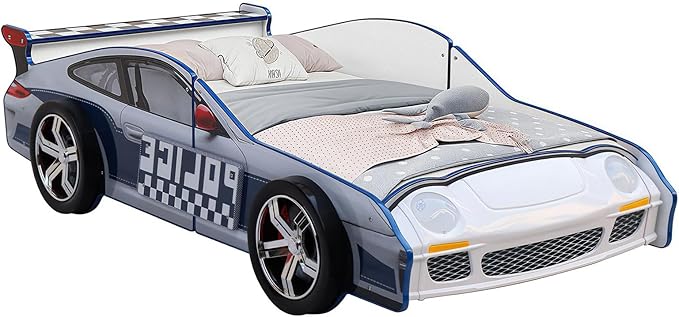 Bed Frames for Kids, Hero Patrol Police Car Bed Wooden Platform Bed Frame with LED Lights, Twin Size Chidren Bed Frame with Wood Slat Support, Fits Standard Twin Mattres (Blue)