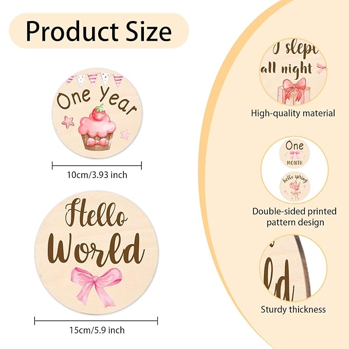 Baby Monthly Milestone Cards Sign - 13 Pcs Double Sided Baby Announcement Signs Bow, Pink Bow Wooden Milestone Circles Discs for Photo Props, Birth Announcement Marker Girl, Babies Welcome Card Gift