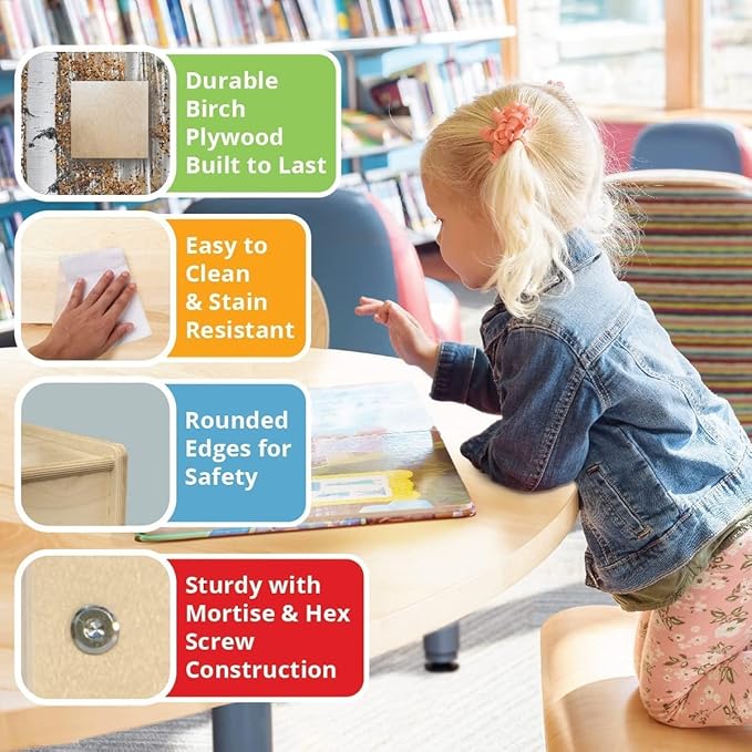 Contender Time-2-Play 35" x 31"Hardwood Blue & Green Lego Compatible Table with Trough and Shelf, Solid Wood Toddlers Activity Desk Playroom, Daycare, Or Preschool [ 22" Long Legs]