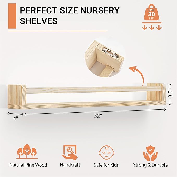 Heimlove 32 Inch Nursery Floating Shelves, Solid Wood Nursery Book Shelves for Wall, Mounted Bookshelf for Toddler Room, Baby Room, Wall Shelves for Books,Toys and Decor Storage, Set of 2