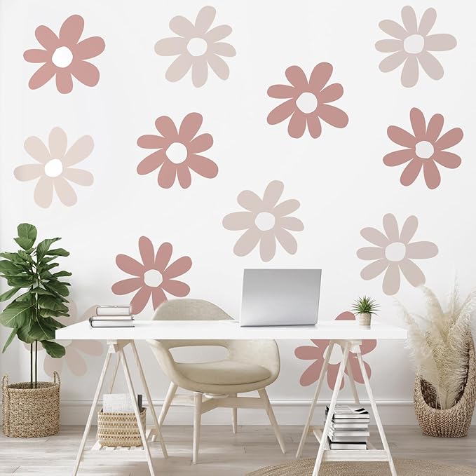 TaoBary 12 Sheets Daisy Wall Decal Flower Wall Sticker Cute Daisy Sticker Pink White Flower Decal Peel and Stick Floral Wallpaper for Nursery Bedroom Home Decor(Grey Color,Simple Style)
