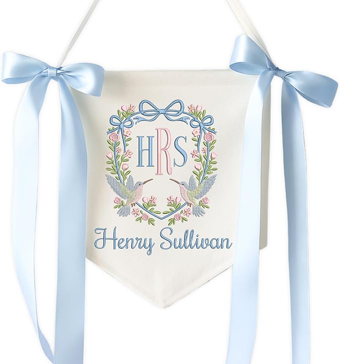 Embroidered Baby Name Sign with Bows Personalized Baby Announcement Sign Newborn Baby Banner Baby Hospital Name Sign Canvas Hanging Pennant Flag Custom Infant Baby Name Baby Shower Banner (08)