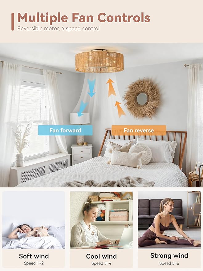 Ceiling Fans with Lights, 20" Boho Ceiling Fan with Light Flush Mount, Drum Rattan Low Profile with 6 Speeds, Remote Control for Bedroom, Nursery, Living Room (Yellow)