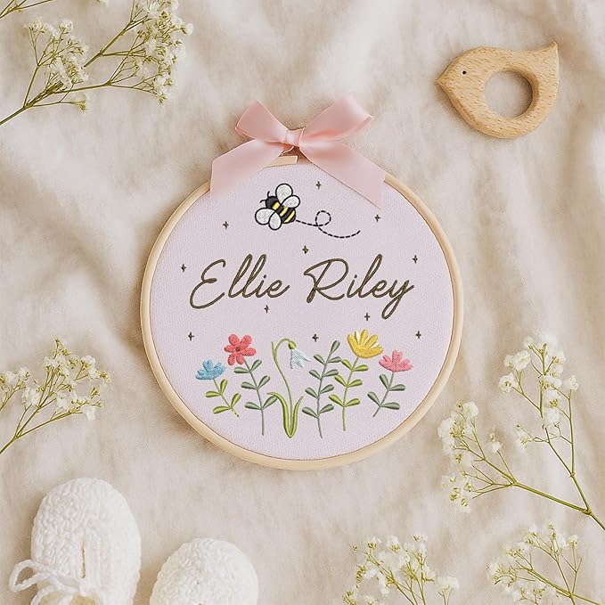 Personalized Baby Name Sign Welcome Baby Announcement Sign Newborn Baby Embroidery Hoop with Bows Baby Hospital Name Sign Custom Infant Baby Name Baby Shower Gifts (07)