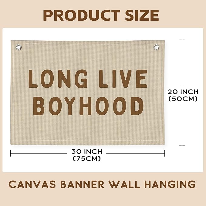 Long Live Boyhood Banner, Boy Nursery Decor, Linen Banner Wall Hanging Banner Flag Decor for Nursery Playroom Toddler Room, Boys Kids Room Decor - Sand Beige & Taupe