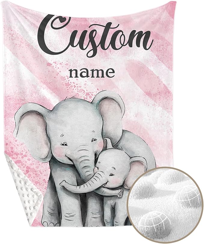 Personalized Crib Bedding Set for Boys Girls, Custom Baby Crib Sets with Name, Pink Elephant Design Nursery Bedding 2 Piece - Soft Blanket with Double Layer Dotted Backing, Crib Fitted Sheet
