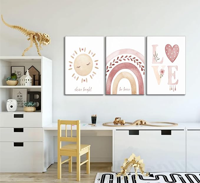 3 Pcs Nursery Canvas Wall Art Pink Sun Rainbow Hearts Posters Prints Boho Kids Room Pictures Wall Decor for Toddlers Children Baby Girl Bedroom Home Decoration