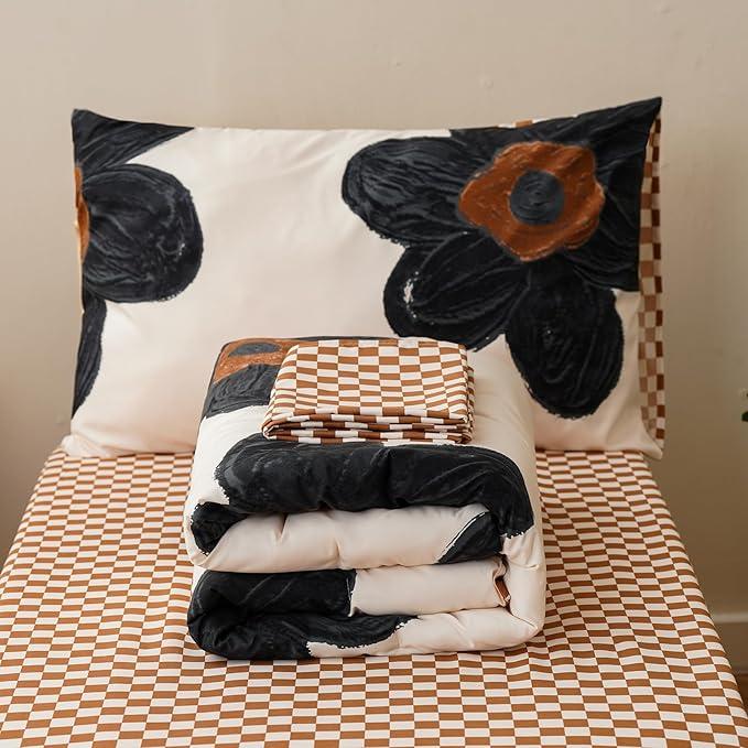 KAREVER Flower Toddler Bedding Set Botanical Print 4 Pieces Crib Bed Set Kids White Black Floral Comforter Set