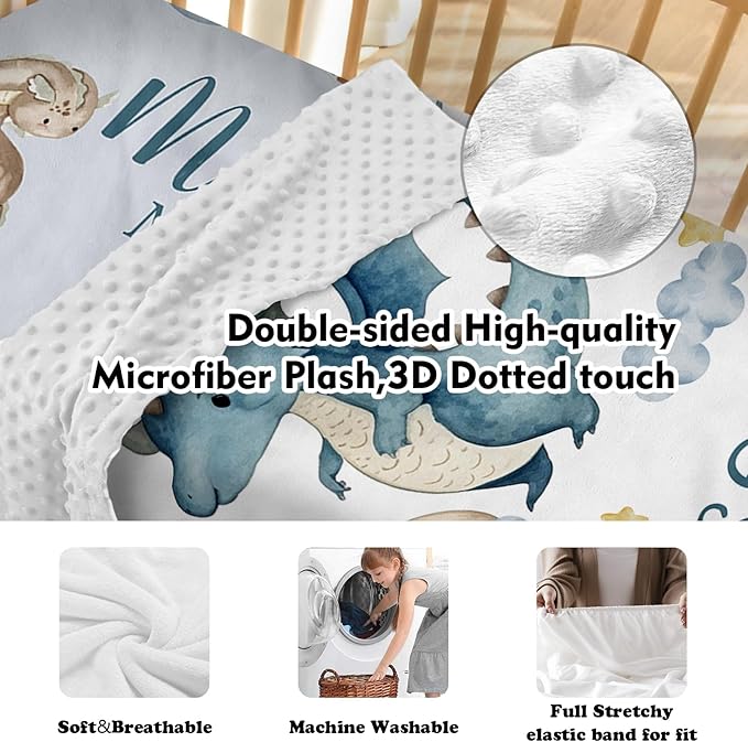 Custom Baby Crib Bedding Set - Blue Dinosaur Design Personalized Name Baby Nursery Bedding 3 Pcs Set - Chic Soft Blanket, Fitted Sheet, Room Rug for Newborns Boys Girls Gifts