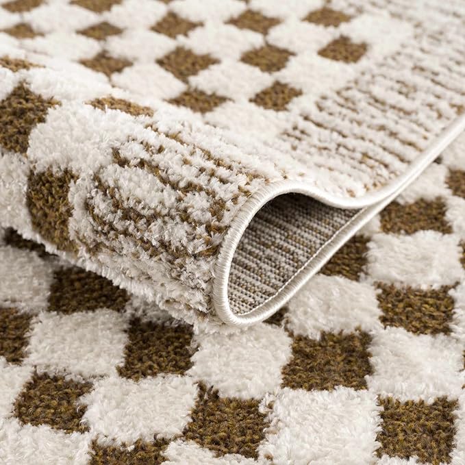 Hauteloom Leryn Living Room, Bedroom Area Rug - Checkered - High Pile - Bone - 6'7" x 9'