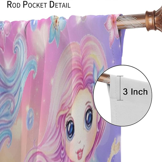 Cartoon Mermaid Kids Curtain Fantasy Ocean Theme Coral Flower Floral Window Treatment for Kids Girls Bedroom Nursery Room Decor Rod Pocket Blackout Window Drapes 55x63in