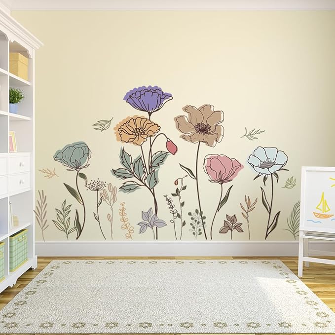 Boho Flower Wall Decal Floral Plant Grass Wall Sticker Colorful Wildflower Wall Decals Peel and Stick Daisy Flower Wall Sticker for Bedroom Nursery Decor