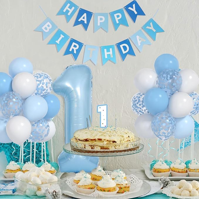 Baby Blue White Balloons And 40inch 1 Balloon, First Birthday Decorations For boy With blue White Confetti Balloons, Happy Birthday Banner Large 1 Balloon For Baby Boys Birthday Party Decorations