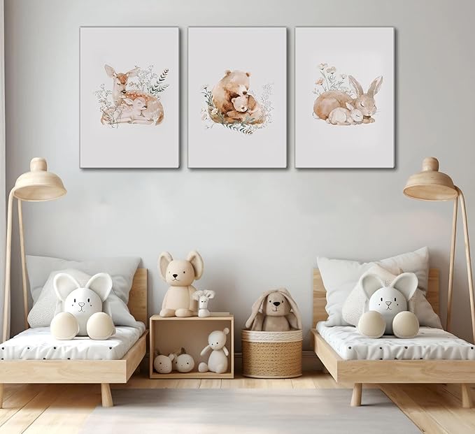 3 Pcs Animal Nursery Canvas Wall Art Watercolor Baby Animals with Wildflowers Painting Picture Wall Decor Cute Rabbit Bear Deer Nursery Paintings Artwork for Kids Room Baby Room Home Decoration