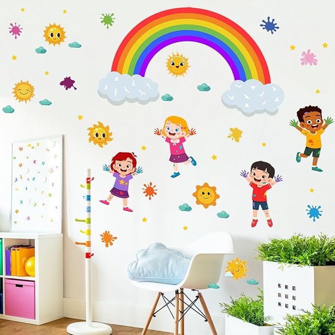 Rainbow Wall Decals Colorful Kids Wall Stickers for Classroom, Inspirational Sun Clouds Wall Decals Watercolor Splatter Sunny Art Murals for Girls Room Nursery Playroom Decorations