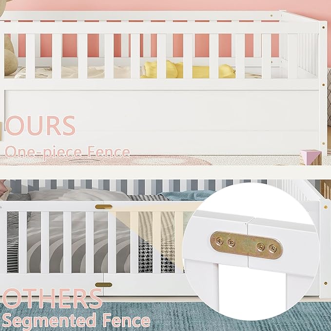 Bellemave Full Floor Bed with Slats and High Fence, Full Size Montessori Floor Beds with Door, No Box Spring Needed, Easy Assemble Montessori Bed Frame(White Full)