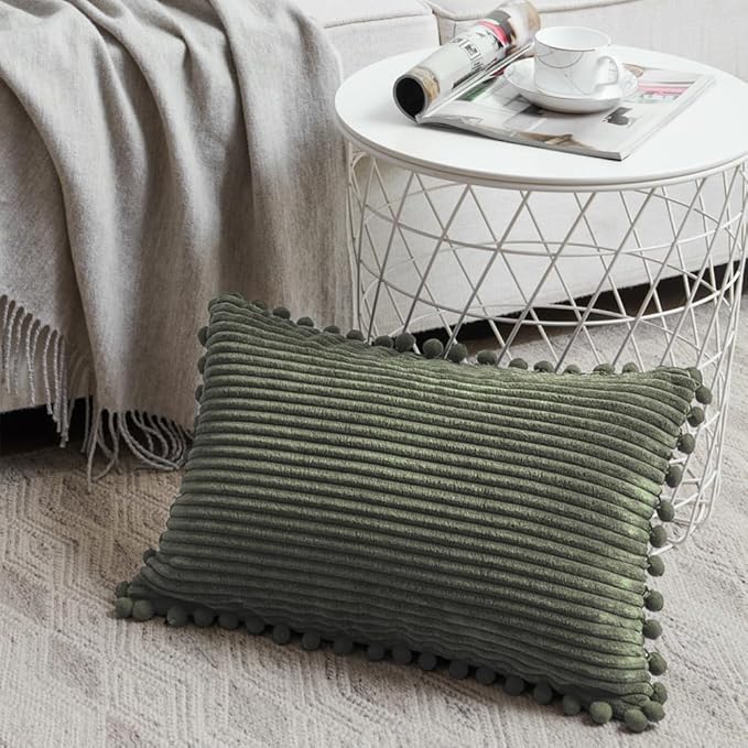 Fancy Homi 2 Pack Olive Green Lumbar Decorative Throw Pillow Covers 12x20 Inch with Pom-poms for Couch Bedroom Sofa, Soft Corduroy Solid Rectangle Cushion Case 30x50 cm, Farmhouse Boho Home Decor