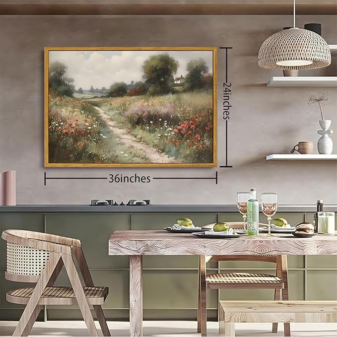 OIQArtOIQ Vintage Landscape Canvas Wall Art Framed Natural Scenery Painting Artwork Prints France Country Wilderness Farmhouse Decor Pictures Kitchen Bedroom Living Room Bathroom