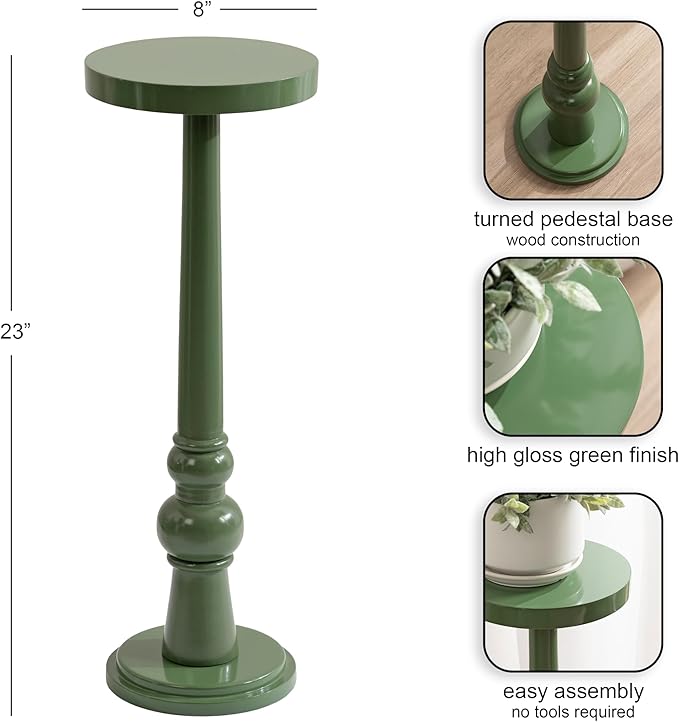 Kate and Laurel Wegner Transitional Wooden Round Drink Table, 8 x 8 x 23, Gloss Green, Modern Durable Pedestal Table for Use as Indoor Plant Stand, or Decorative Living Room Decor Accent