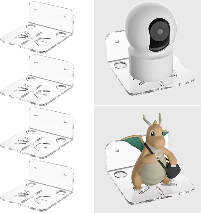 Clear Acrylic Wall Shelf 4 Pack for Surveillance Cameras, Smart Security Cameras, Small Floating Shelf for Plants, Speaker, Dog Camera, 4'', with Cable Clips